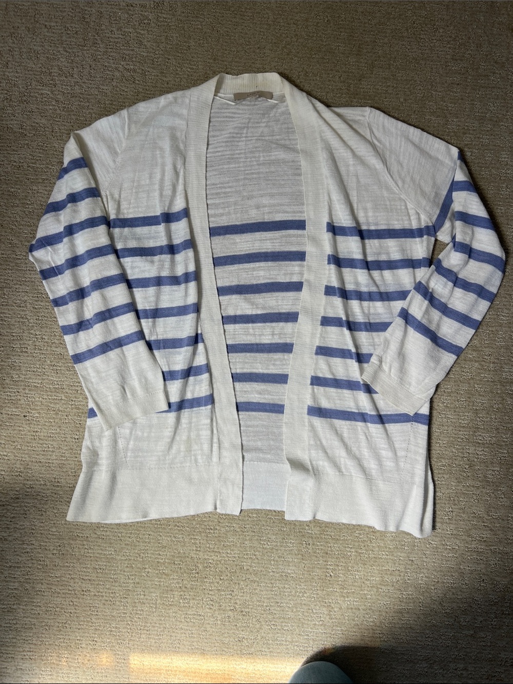 LOFT White and Light Blue Striped Open-Front Cardigan